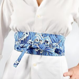 Ceinture Obi motif vague japonaise bleu